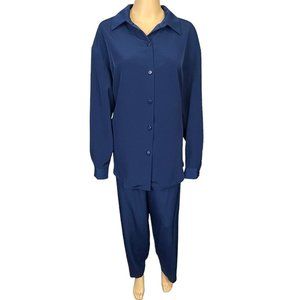 Vintage Graver Studio Womens L Blue Button Up Blouse‎ Shirt Pants Outfit Set